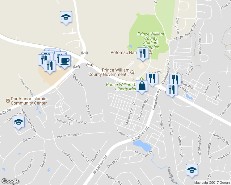 map of restaurants, bars, coffee shops, grocery stores, and more near 12803 Half Moon Lane in Woodbridge