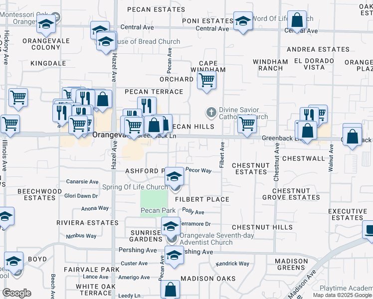 map of restaurants, bars, coffee shops, grocery stores, and more near 9035 Crescenda Lane in Orangevale