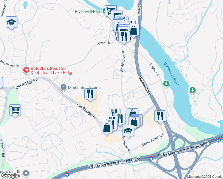 map of restaurants, bars, coffee shops, grocery stores, and more near 1533 Colonial Drive in Woodbridge