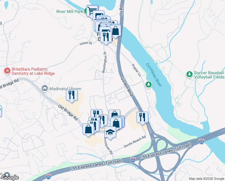 map of restaurants, bars, coffee shops, grocery stores, and more near 1210 Riverview Lane in Woodbridge