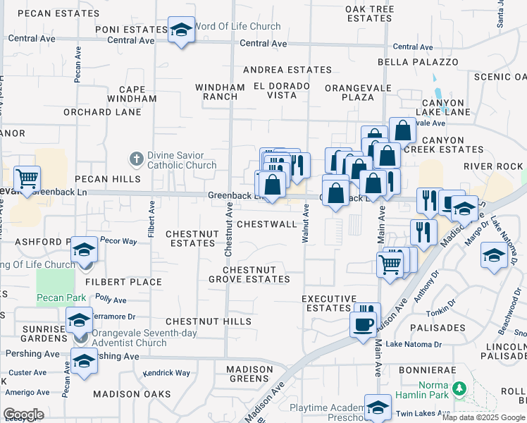 map of restaurants, bars, coffee shops, grocery stores, and more near Greenback Ln Chestwall Street Alley in Orangevale
