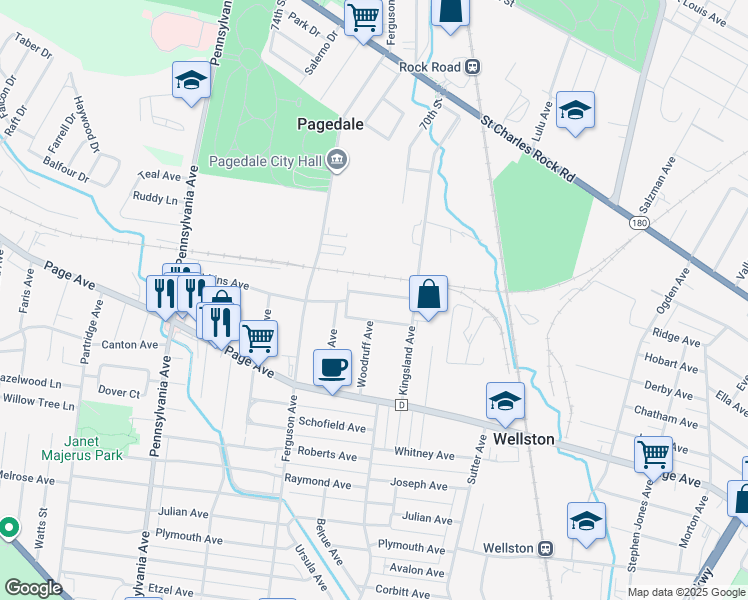 map of restaurants, bars, coffee shops, grocery stores, and more near 6742 Robbins Avenue in St. Louis