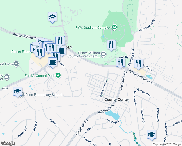 map of restaurants, bars, coffee shops, grocery stores, and more near 12803 Half Moon Lane in Woodbridge