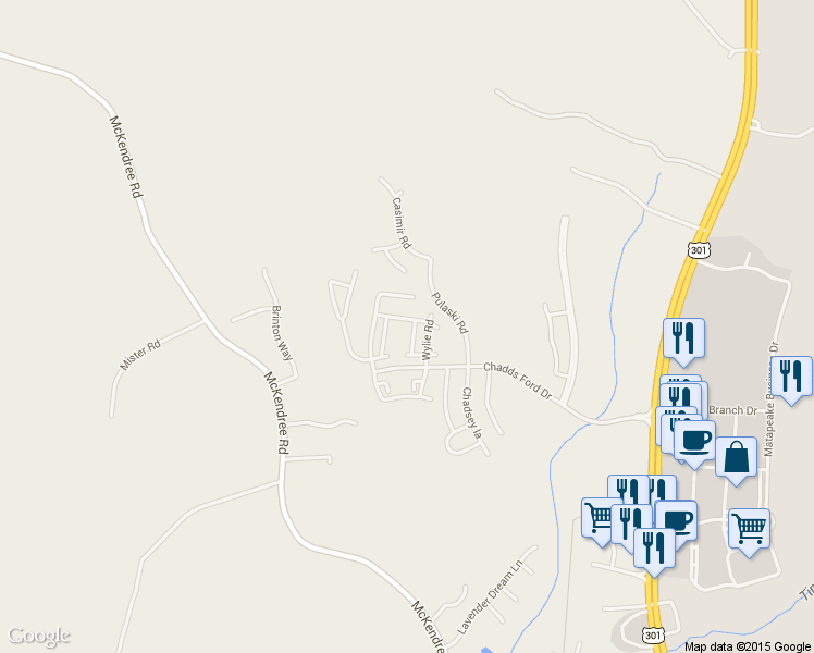 map of restaurants, bars, coffee shops, grocery stores, and more near 15407 Gideon Gilpin Street in Brandywine