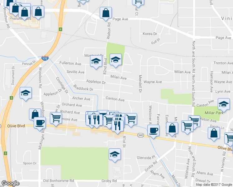 map of restaurants, bars, coffee shops, grocery stores, and more near 8104 Braddock Drive in University City