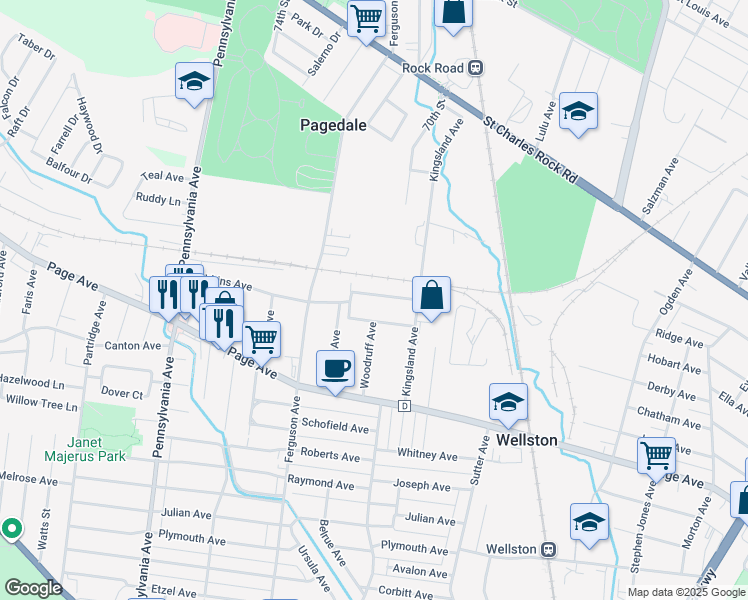 map of restaurants, bars, coffee shops, grocery stores, and more near 6742 Robbins Avenue in St. Louis
