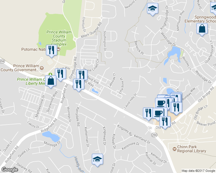 map of restaurants, bars, coffee shops, grocery stores, and more near 4460 Daisy Reid Avenue in Woodbridge