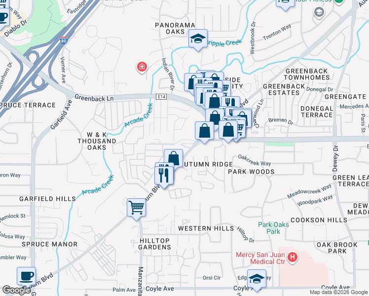 map of restaurants, bars, coffee shops, grocery stores, and more near 6143 Auburn Boulevard in Citrus Heights