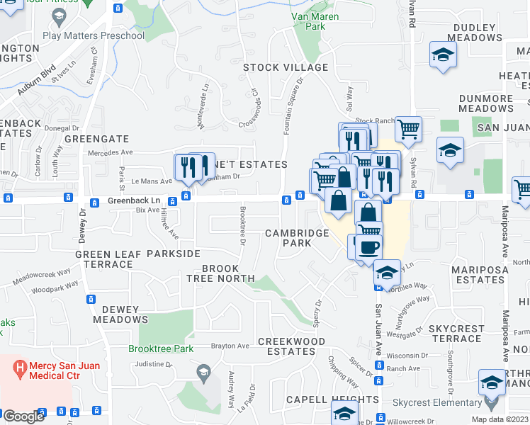 map of restaurants, bars, coffee shops, grocery stores, and more near 7031 Peachtree Avenue in Citrus Heights