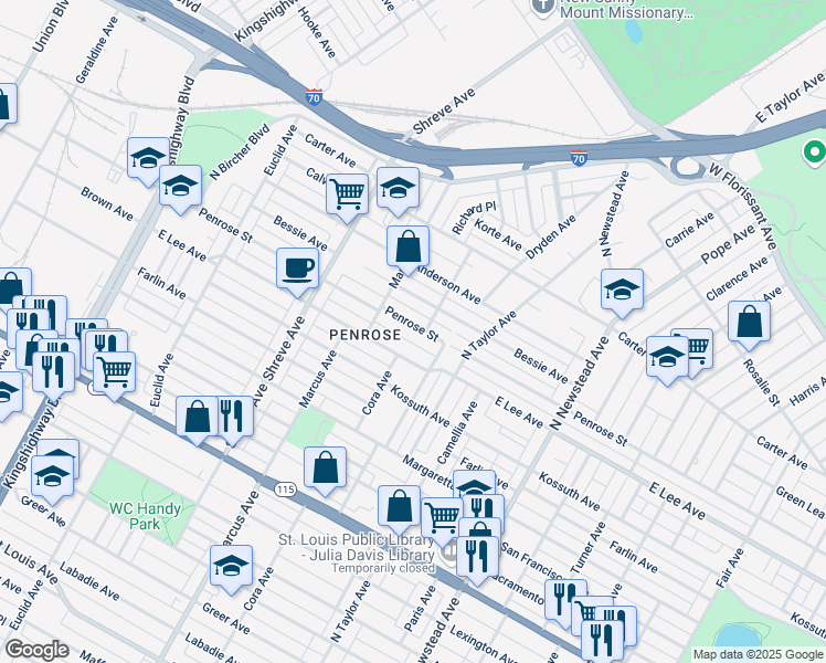 map of restaurants, bars, coffee shops, grocery stores, and more near 4634 Penrose Street in St. Louis