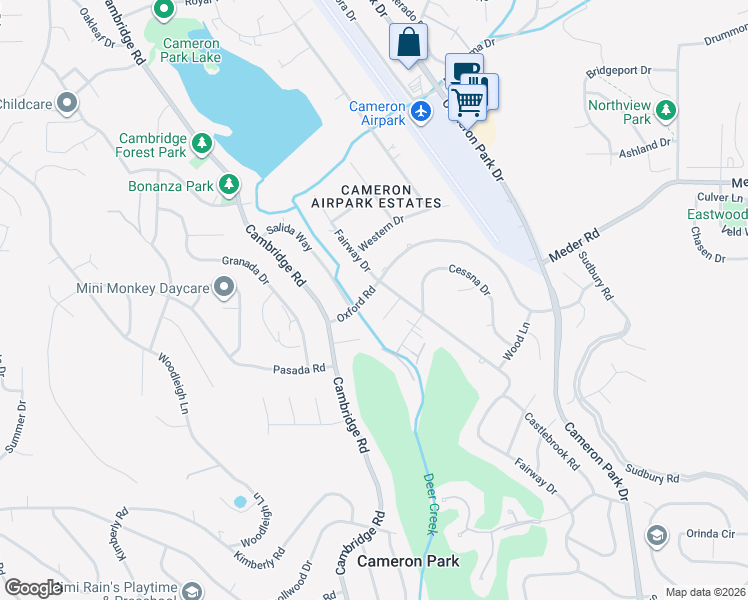 map of restaurants, bars, coffee shops, grocery stores, and more near 3158 Oxford Road in Cameron Park