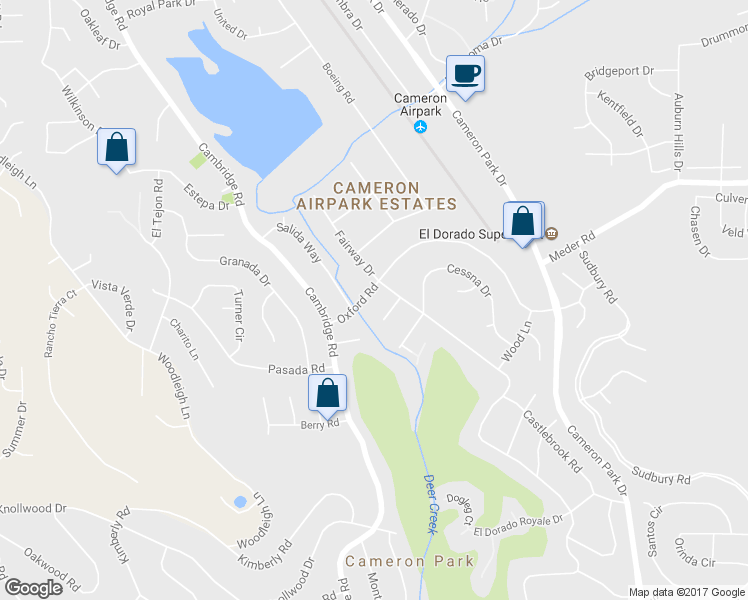 map of restaurants, bars, coffee shops, grocery stores, and more near 3158 Oxford Road in Cameron Park