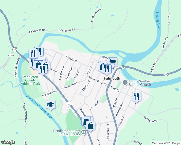 map of restaurants, bars, coffee shops, grocery stores, and more near 306 Park Street in Falmouth