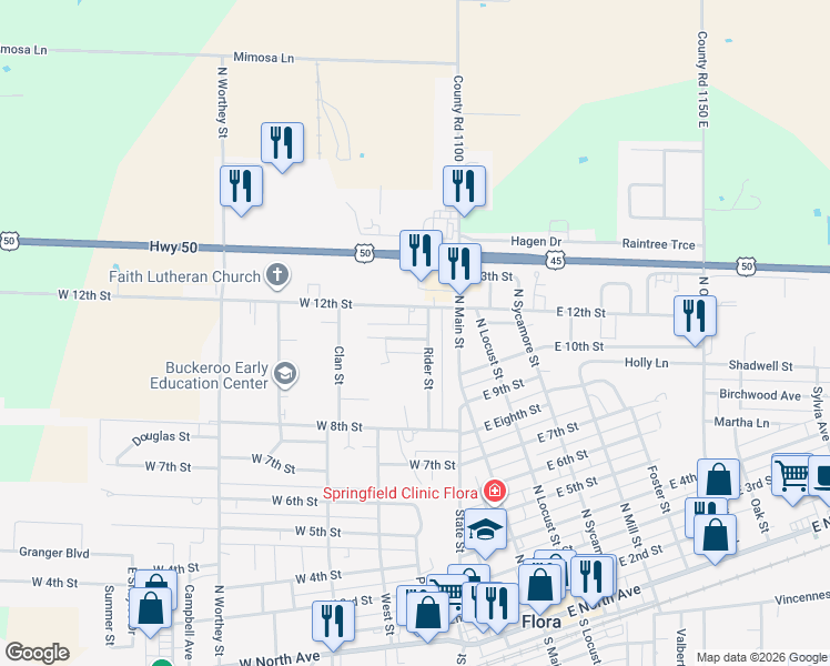 map of restaurants, bars, coffee shops, grocery stores, and more near 310 Hickory Street in Flora