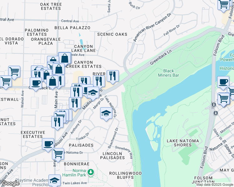 map of restaurants, bars, coffee shops, grocery stores, and more near 6023 Woodminster Circle in Orangevale