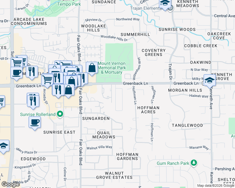 map of restaurants, bars, coffee shops, grocery stores, and more near 6116 Kifisia Way in Fair Oaks