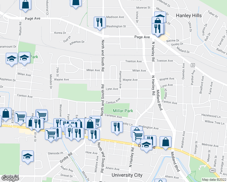 map of restaurants, bars, coffee shops, grocery stores, and more near 7616 Lynn Avenue in University City