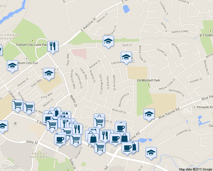 map of restaurants, bars, coffee shops, grocery stores, and more near 120 Perraud Drive in Folsom