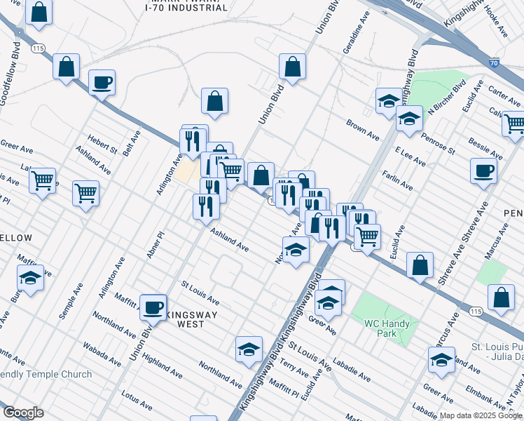 map of restaurants, bars, coffee shops, grocery stores, and more near 5167 Palm Street in St. Louis