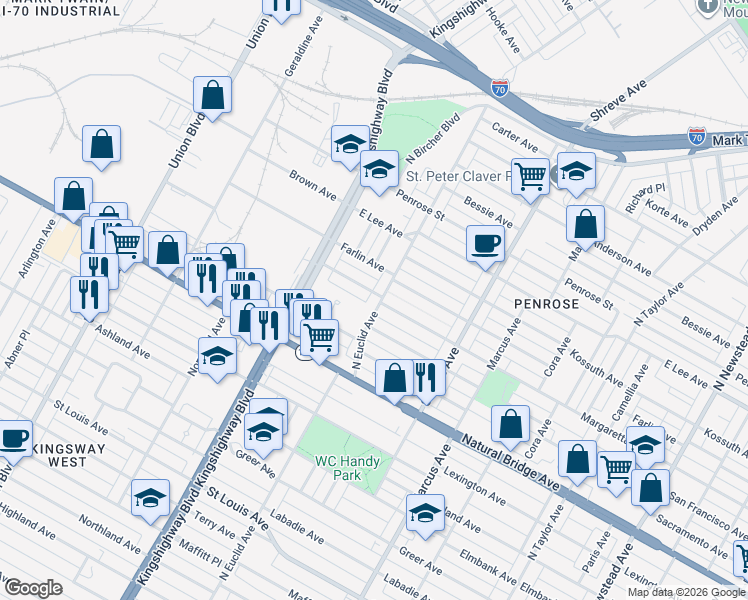 map of restaurants, bars, coffee shops, grocery stores, and more near 3949 North Euclid Avenue in St. Louis
