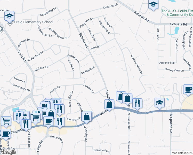 map of restaurants, bars, coffee shops, grocery stores, and more near 13 Lauder Court in Saint Louis