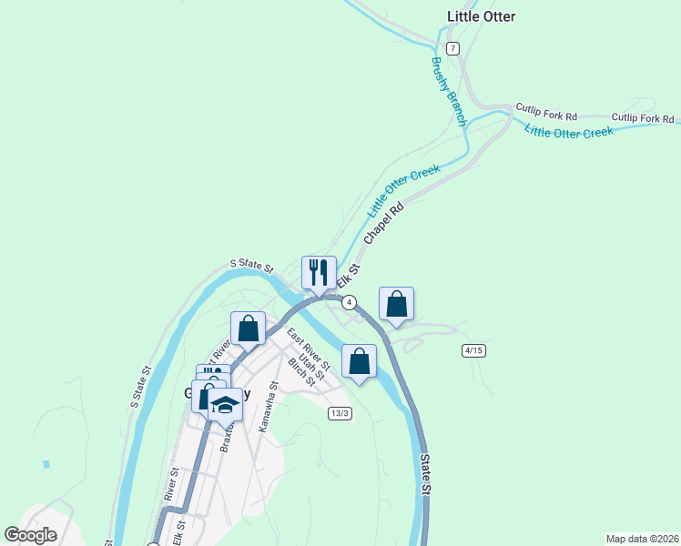 map of restaurants, bars, coffee shops, grocery stores, and more near 151 N Elk St in Gassaway