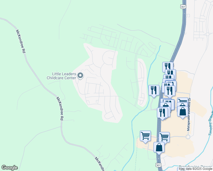 map of restaurants, bars, coffee shops, grocery stores, and more near 15407 Pulaski Road in Brandywine