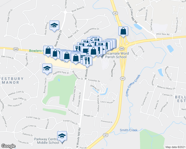 map of restaurants, bars, coffee shops, grocery stores, and more near 1030 North Woods Mill Road in Town and Country