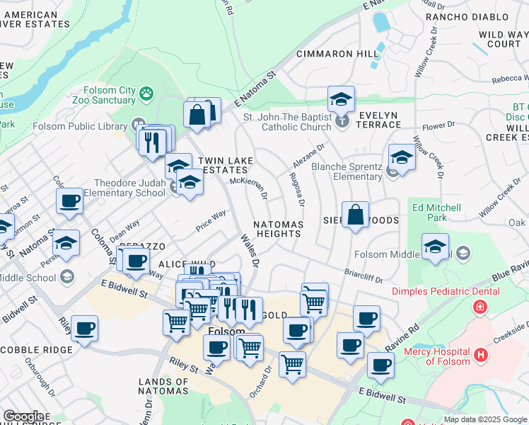 map of restaurants, bars, coffee shops, grocery stores, and more near 107 Henderson Way in Folsom