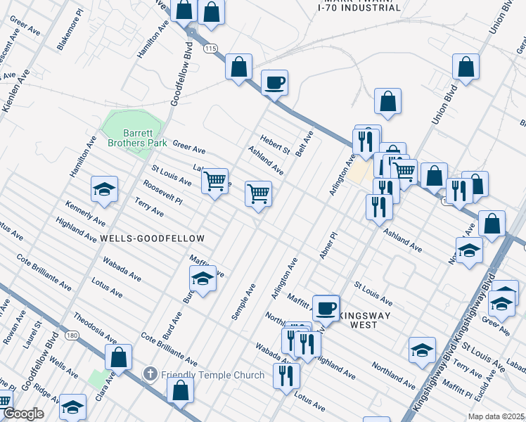 map of restaurants, bars, coffee shops, grocery stores, and more near 2917 Belt Ave in St Louis