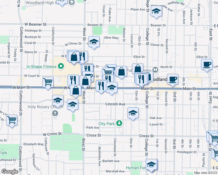 map of restaurants, bars, coffee shops, grocery stores, and more near 167 Main Street in Woodland