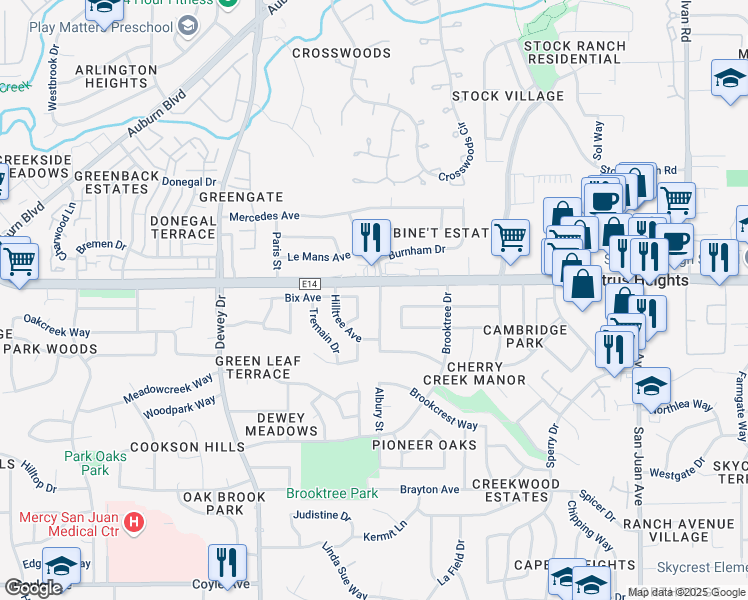 map of restaurants, bars, coffee shops, grocery stores, and more near 6813 Brookhaven Way in Citrus Heights