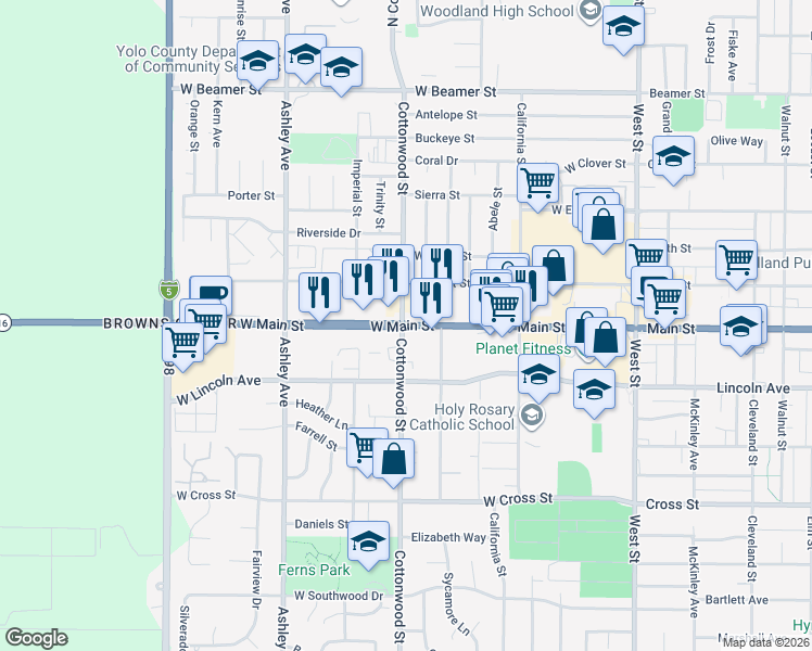 map of restaurants, bars, coffee shops, grocery stores, and more near 193 West Main Street in Woodland