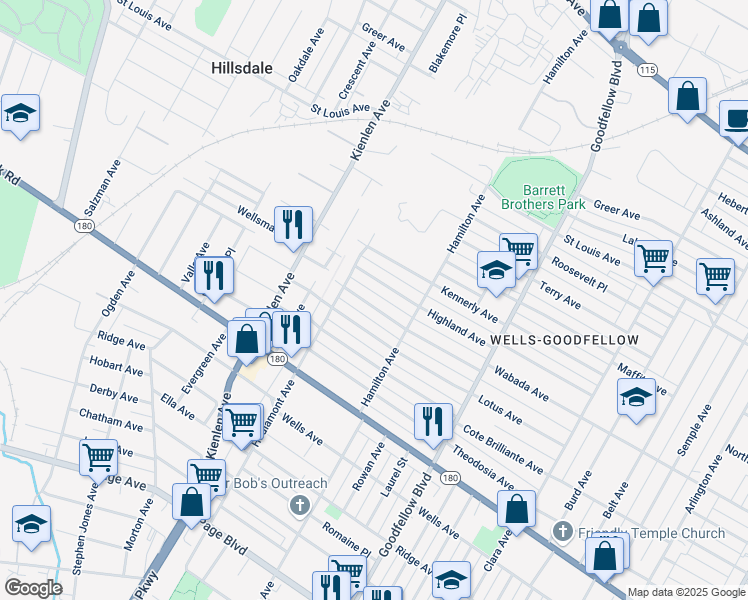map of restaurants, bars, coffee shops, grocery stores, and more near 5949 Wabada Avenue in St. Louis