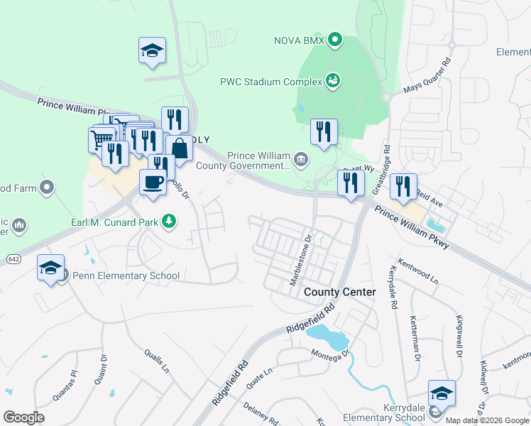 map of restaurants, bars, coffee shops, grocery stores, and more near 12801 Half Moon Lane in Woodbridge