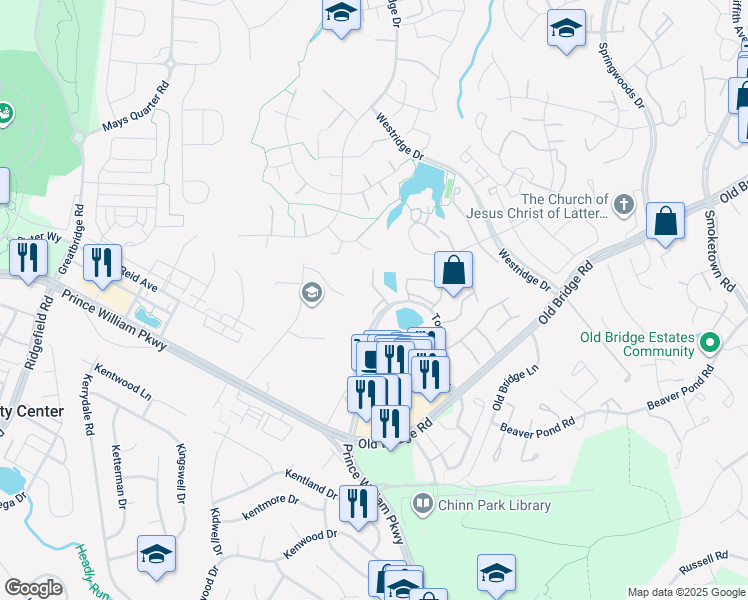 map of restaurants, bars, coffee shops, grocery stores, and more near 12722 Perchance Terrace in Woodbridge