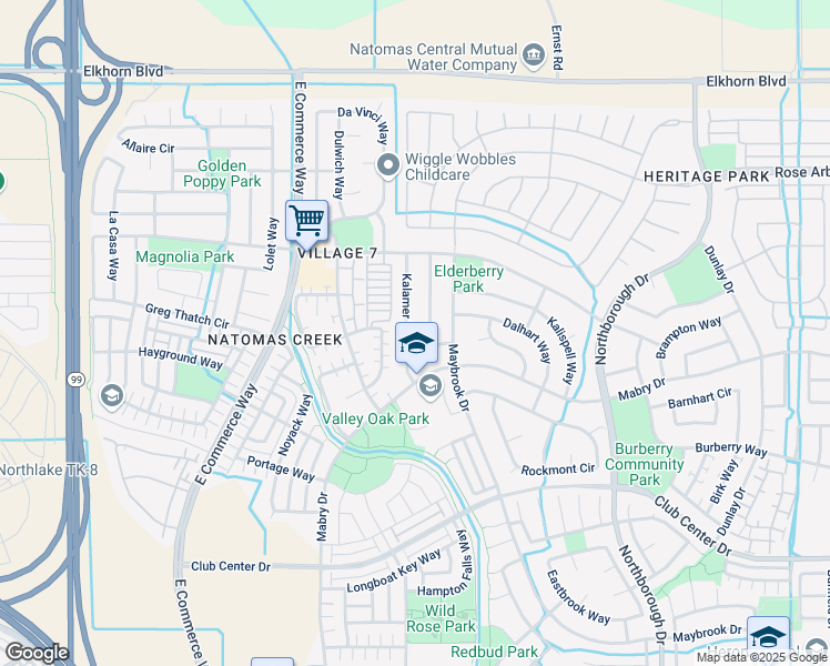 map of restaurants, bars, coffee shops, grocery stores, and more near 2679 Kalamer Way in Sacramento