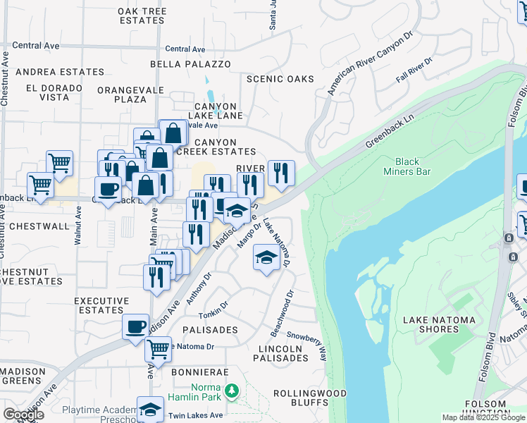 map of restaurants, bars, coffee shops, grocery stores, and more near 6003 Woodminster Circle in Orangevale