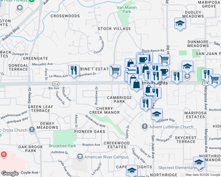 map of restaurants, bars, coffee shops, grocery stores, and more near 7037 Peachtree Avenue in Citrus Heights