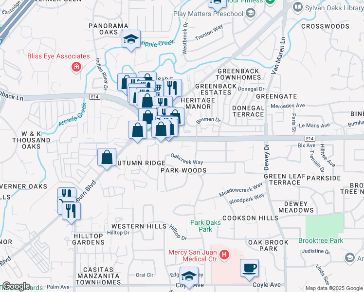 map of restaurants, bars, coffee shops, grocery stores, and more near 6296 Greenback Lane in Citrus Heights