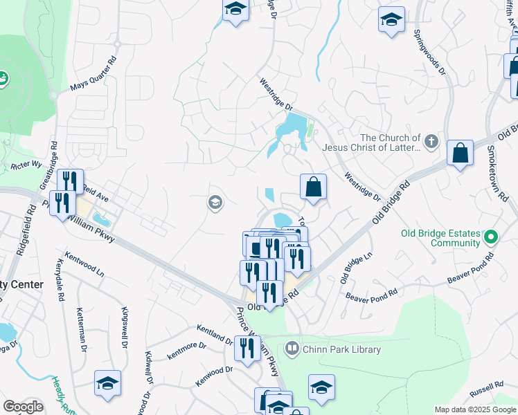map of restaurants, bars, coffee shops, grocery stores, and more near 12722 Perchance Terrace in Woodbridge