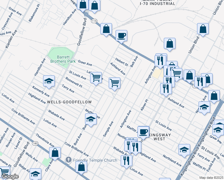 map of restaurants, bars, coffee shops, grocery stores, and more near 2917 Belt Avenue in St. Louis