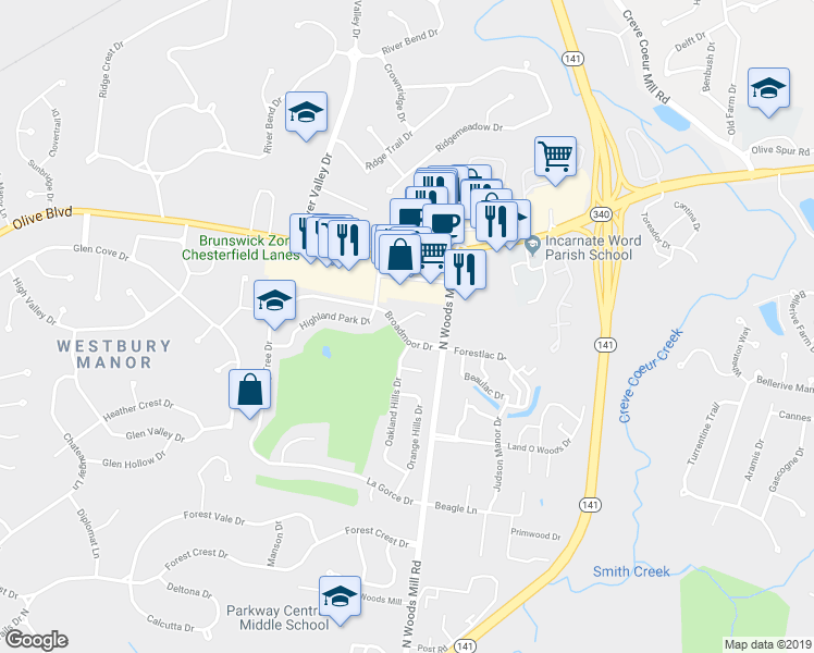 map of restaurants, bars, coffee shops, grocery stores, and more near 603 Broadmoor Drive in Chesterfield