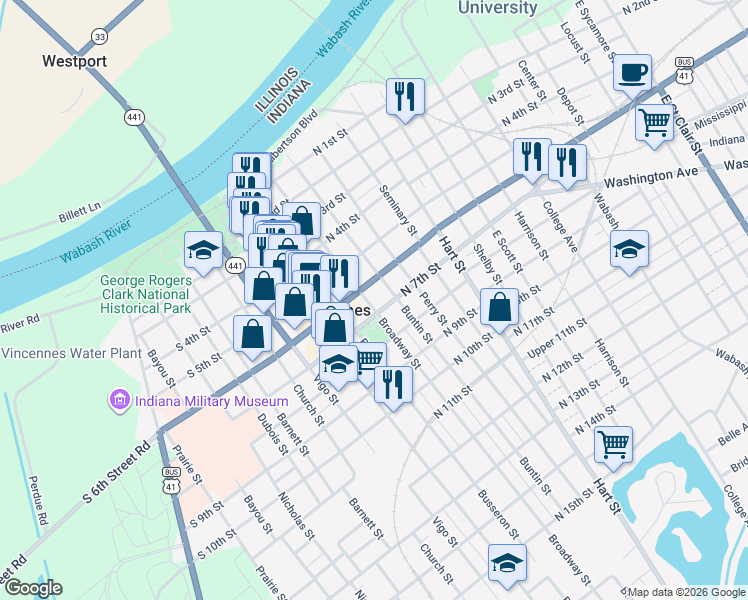 map of restaurants, bars, coffee shops, grocery stores, and more near 208-214 North 7th Street in Vincennes