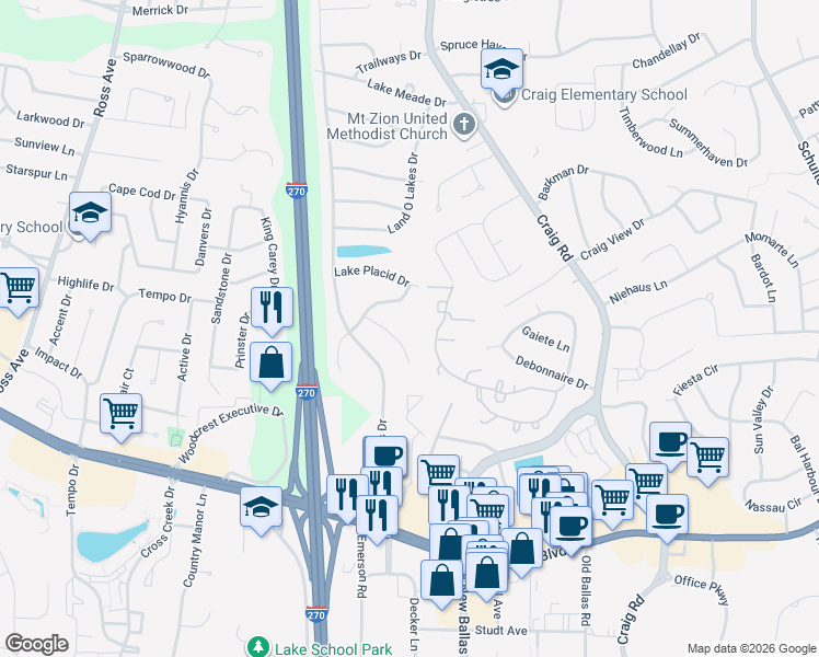 map of restaurants, bars, coffee shops, grocery stores, and more near 1028 Wappapello Lane in St. Louis