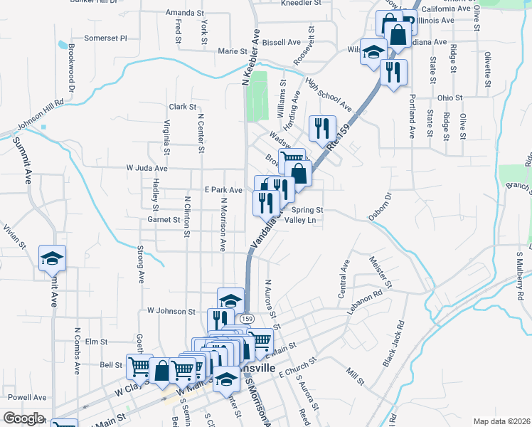 map of restaurants, bars, coffee shops, grocery stores, and more near 607 Vandalia Street in Collinsville