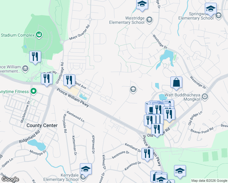 map of restaurants, bars, coffee shops, grocery stores, and more near 12737 Effie Rose Place in Woodbridge
