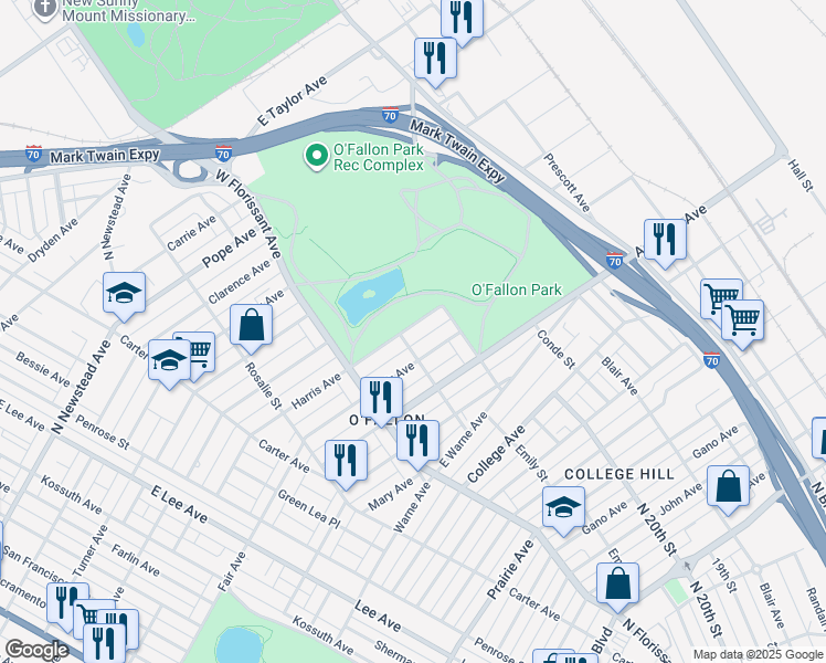 map of restaurants, bars, coffee shops, grocery stores, and more near 2040 Harris Avenue in St. Louis