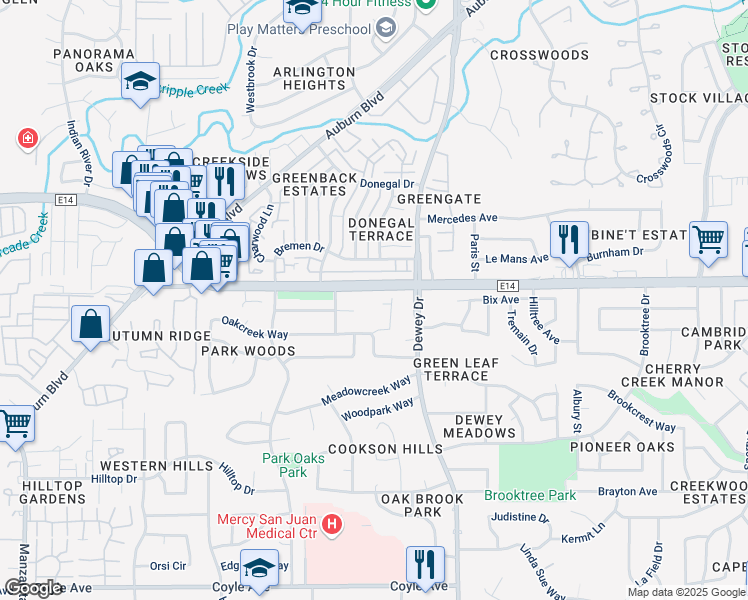 map of restaurants, bars, coffee shops, grocery stores, and more near 6550 Greenback Lane in Citrus Heights