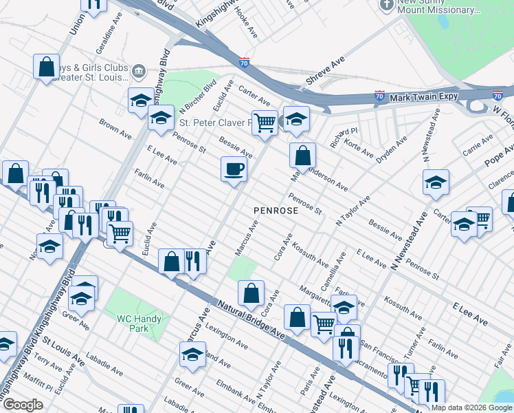 map of restaurants, bars, coffee shops, grocery stores, and more near 4706 Lee Avenue in St. Louis